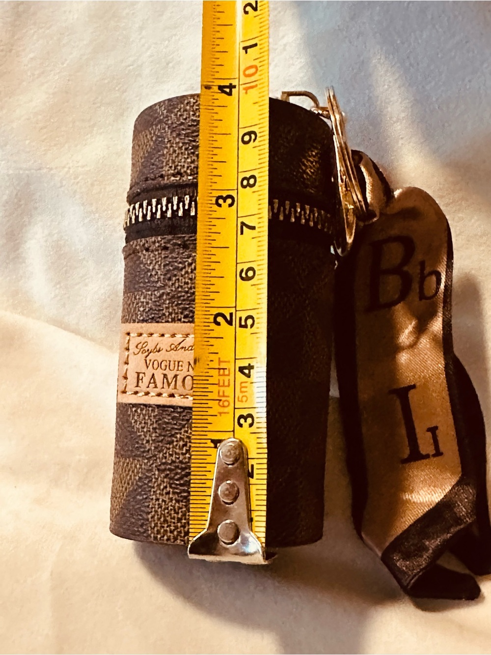 Vogue New Famous Brown Checker Cylindrical Keychain Pouch with Ribbon - Picture 4 of 5